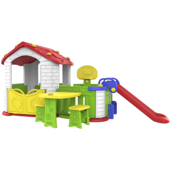 Πλαστικό παιδικό Σπιτάκι ToyMonarch με Κήπου, Τσουλήθρα, Μπασκέτα και τραπεζάκι με καρέκλες Πράσινο